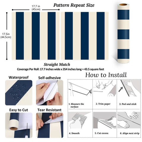 Dope Navy Blue And Cream Vertical Stripe Peel And Stick Wallpaper Roll Premium Thick Removable Vinyl Wall Covering showing pattern size and installation guide.