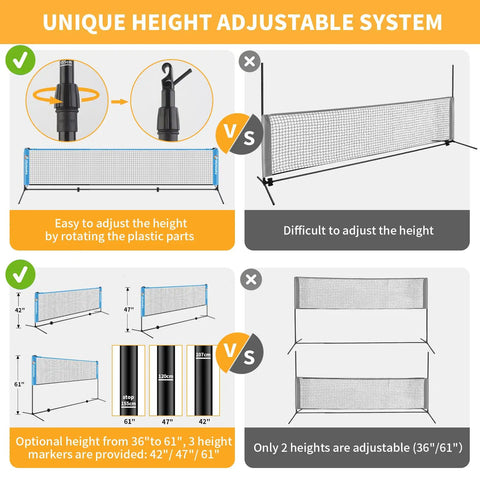 Diagram of Portable 17ft Multi Sport Net Set for Backyard and Driveway showing height adjustment from 36 to 61 inches.