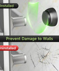 Heavy Duty Aluminum Door Stopper With Soft Silicone Head And Spring Shock Absorption Real Deal Wall Protector Rustproof Anti Scuff Door Holder In Sleek Black showcasing installed and uninstalled states with wall damage.