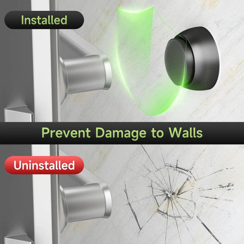Heavy Duty Aluminum Door Stopper With Soft Silicone Head And Spring Shock Absorption Real Deal Wall Protector Rustproof Anti Scuff Door Holder In Sleek Black showcasing installed and uninstalled states with wall damage.