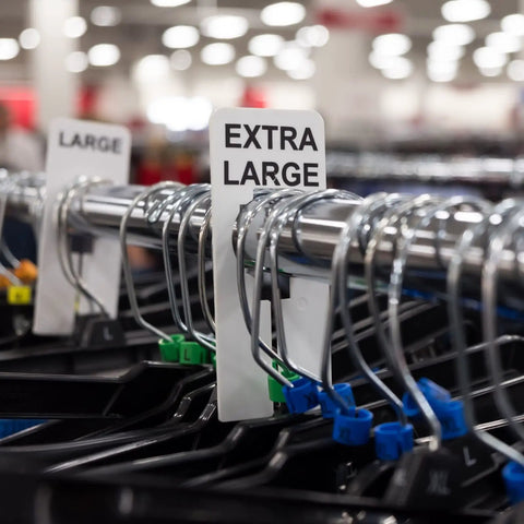 Extra large and large dividers on clothes rack, showcasing durable plastic clothes rack dividers with blank custom tags for easy closet organization in white 5 by 2 inch polypropylene garment rack labels pack of 60.