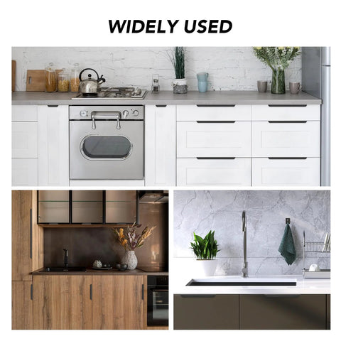 Modern kitchens showcasing 10 Pack Finger Edge Pulls For Cabinets With 76mm Hole Center And 102mm Overall Length Matte Black Concealed Handles.