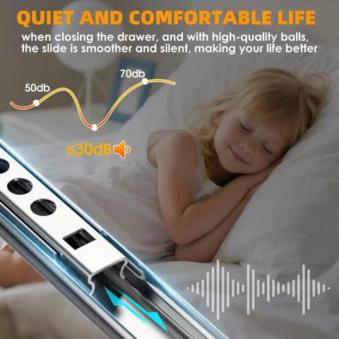 Close-up of 8 Inch Thin Drawer Slides Two Way Low Profile Smooth Ball Bearing Full Extension for quiet operation near sleeping child