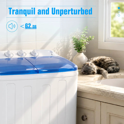 Gotta Love This Ultra Compact Portable Twin Tub Washer Straight Up Silver Ion Deep Clean 18 Pound Laundry Spinner Combo Built For Dorms Apartments And Rv Homes Easy Setup Blue, shown with a serene cat.