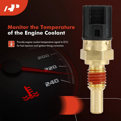 A-Premium 2-pin engine coolant temperature sensor with brass body and black plastic connector.