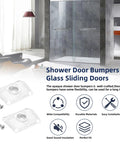 Glass Shower Door Bumpers For Sliding Doors With Screws, Wall Jamb Stopper Replacement Parts For Shower Enclosures, Fits 1 Inch Or 1.3 Inch Door Frames, Clear Bumpers With Mounting Screws, Reduces Sliding Noise Scratching And Door Movement Set Of 2 shown with screws and icons.