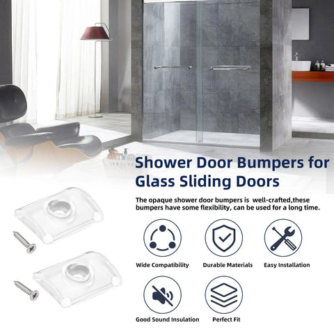 Glass Shower Door Bumpers For Sliding Doors With Screws, Wall Jamb Stopper Replacement Parts For Shower Enclosures, Fits 1 Inch Or 1.3 Inch Door Frames, Clear Bumpers With Mounting Screws, Reduces Sliding Noise Scratching And Door Movement Set Of 2 shown with screws and icons.