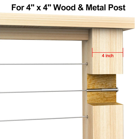 20 Pack Invisible Cable Railing Kit For One Eighth Inch Stainless Steel Cable With Receiver And Swage Stud Ends Fits 2x2 And 4x4 Wood Or Metal Posts Great For Decks And Stairs Level Or Angled Install DIY Friendly Low Profile Modern Look showing connection on 4x4 wood post.