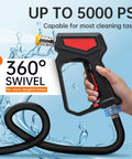 Heavy Duty Pressure Washer Short Gun With Swivel, 5000 PSI 10.5 GPM, showing hand holding gun with hose and water spray.