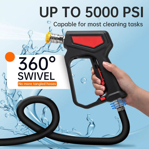 Heavy Duty Pressure Washer Short Gun With Swivel, 5000 PSI 10.5 GPM, showing hand holding gun with hose and water spray.