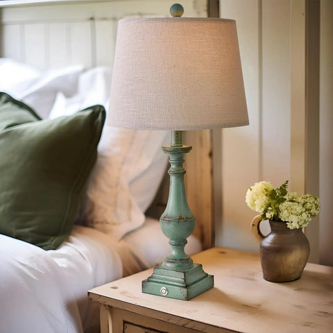 Three Way Dimmable Touch Table Lamps Set Of Two With USB Ports For Quick Phone Charging Ideal For Bedroom Nightstand Or Living Room Rustic Green Finish And Modern Look on a nightstand