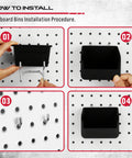 Step-by-step guide to installing pegboard bins on a pegboard, part of Heavy Duty 121 Piece Pegboard Hook Set With Chrome Metal Hooks Durable Pegboard Organizer Kit For Garage Or Shop Includes Pegboard Bins And Tool Utility Hooks For Easy Clutter Free Storage.