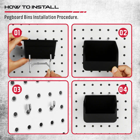 Step-by-step guide to installing pegboard bins on a pegboard, part of Heavy Duty 121 Piece Pegboard Hook Set With Chrome Metal Hooks Durable Pegboard Organizer Kit For Garage Or Shop Includes Pegboard Bins And Tool Utility Hooks For Easy Clutter Free Storage.