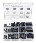 Plastic box with Unthreaded Metric Spacer Kit For M3 Screws 7mm OD 3.2mm ID Black ABS Round Spacers, 12 lengths variety.