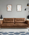 Living room with brown sofa and decor, showing eight pack four inch plastic square tapered furniture legs with M8 t nuts and screws.