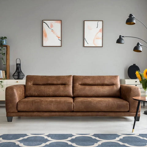 Living room with brown sofa and decor, showing eight pack four inch plastic square tapered furniture legs with M8 t nuts and screws.