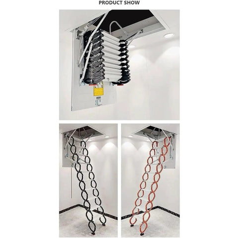Electric Remote Control Attic Ladder With Hassle Free Pull Down Operation showcasing retractable staircase and color options.