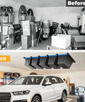 Garage before and after installation of Heavy Duty Garage Ceiling Storage Rack System With Overhead Bin Slide Track Rails For Five Bins, Six Pack, Adjustable Tote Hanger, 176 Lb Capacity Steel, Maximize Ceiling Space And Keep Tools Organized