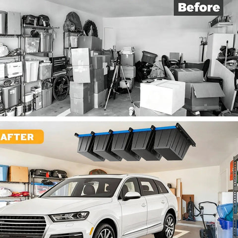 Garage before and after installation of Heavy Duty Garage Ceiling Storage Rack System With Overhead Bin Slide Track Rails For Five Bins, Six Pack, Adjustable Tote Hanger, 176 Lb Capacity Steel, Maximize Ceiling Space And Keep Tools Organized