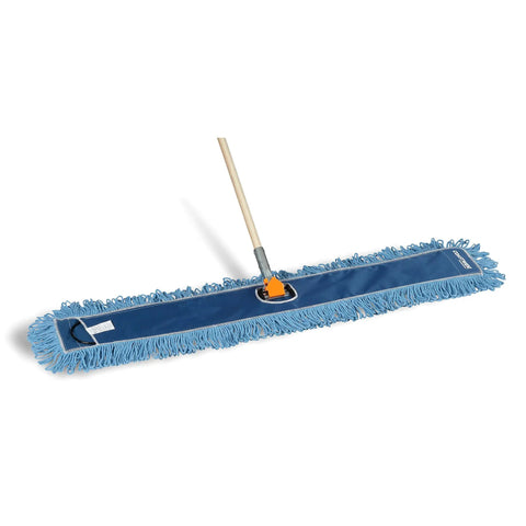 Top Shelf Loop End Cotton Dust Mop Head 48 Inches Wide For Rapid Hard Surface Cleaning In Blue with synthetic backing.