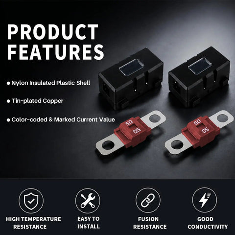 Complete Kit 2 Pair 50 Amp Bolt On Fuse Holders With Included MIDI Blades High Current Circuit Protection For Rugged Rig And Vehicle Nylon Insulation And Tin Plated Copper features including nylon shell and indicator.