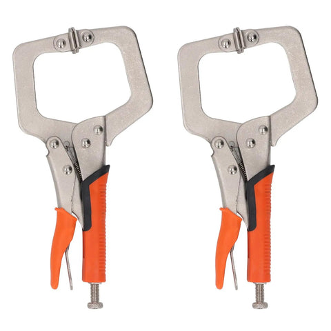 Heavy Duty 9 Inch Locking C Clamp Pliers With Rotating Pads For Welding And Woodworking, stainless steel with orange grips.