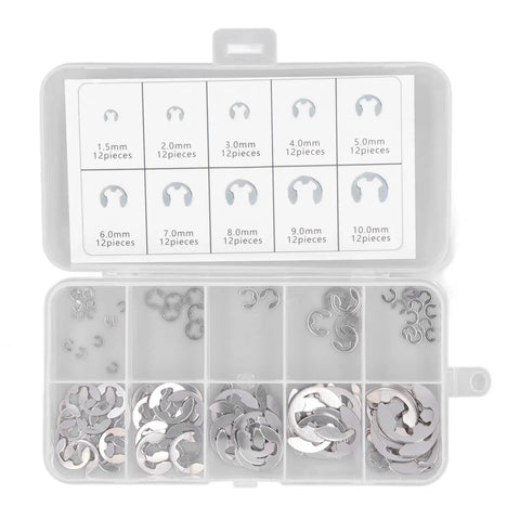 120 Piece E Clip Circlip Retaining Ring Set In 304 Stainless Steel For Shafts Bearings Gears And Pulleys with 10 size compartments