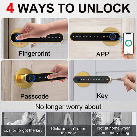 Fingerprint Door Lock With Keypad Handle And App Unlock Keyless Entry Biometric Smart Door Knob For Bedroom Hotel And Apartment Digital Lock In Gold Finish