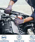 Front view of gray knit work gloves with dotted nitrile palm and yellow trim, gripping a ratchet in a car engine bay.