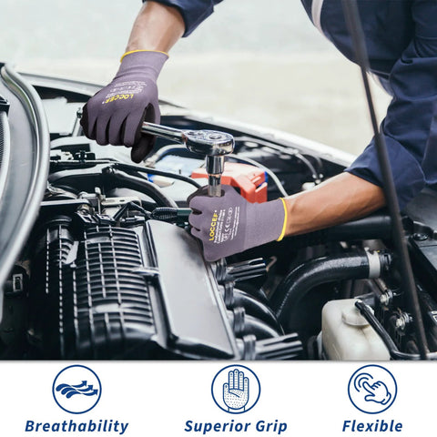 Front view of gray knit work gloves with dotted nitrile palm and yellow trim, gripping a ratchet in a car engine bay.