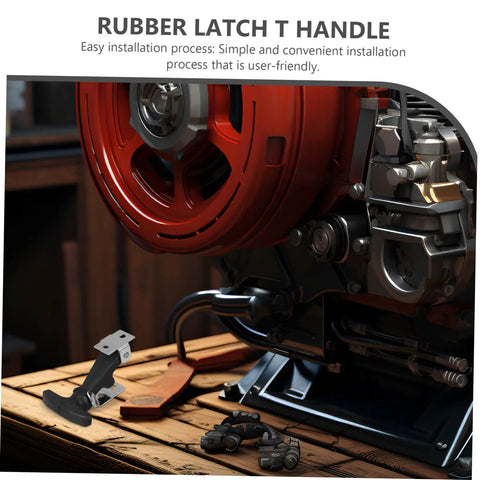 Beefy Stainless Steel Engine Hood Latch Kit With Rubber T Handle Easy Install on wooden surface near red engine part