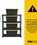 4-Tier Heavy Duty Plastic Garage Storage Shelves For No-Fuss Organization And Space Saving, 14.6" shelf height, black and yellow bins