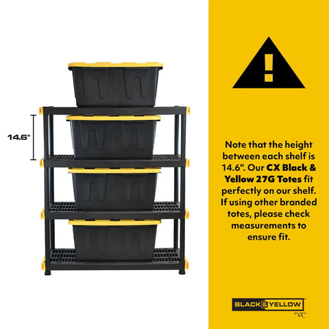 4-Tier Heavy Duty Plastic Garage Storage Shelves For No-Fuss Organization And Space Saving, 14.6" shelf height, black and yellow bins