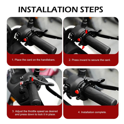 Installation steps for Universal Motorcycle Throttle Assist Black One Button Cruise Control Brace on motorcycle handlebars.