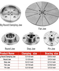 Slick Four Inch Wood Lathe Chuck Set Featuring Five Heavy Duty Jaws with detailed sizes for each jaw type.