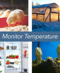 Amazon SensorPush HTP.xw temp/humidity monitor across 4 scenes: chick brooder, snow greenhouse, open fridge, turtles.
