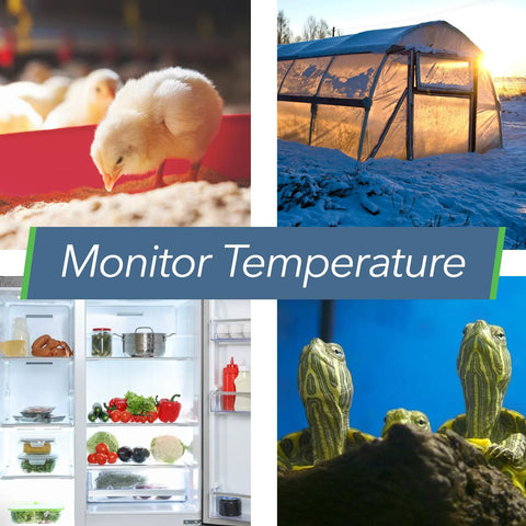 Amazon SensorPush HTP.xw temp/humidity monitor across 4 scenes: chick brooder, snow greenhouse, open fridge, turtles.