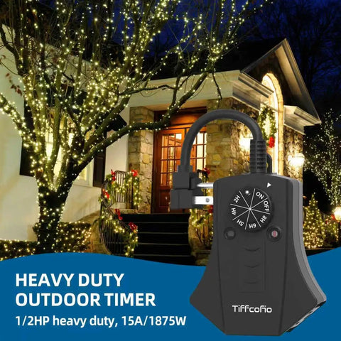 Smooth Operator Weatherproof Premium Outdoor Timer Controller for holiday lights with auto dusk sensor by a decorated house.