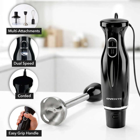 Badass Electric Hand Blender Set With Dual Speed Settings And 300 Watt Motor Includes Whisk Tool And BPA Free Chopper Cup For Knockout Smoothies Purees And Protein Shakes In Matte Black with easy grip, corded design.