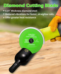 Diamond cutting blade in use with angle grinder, showcasing 0.07" thickness for precision cuts on tile and stone.