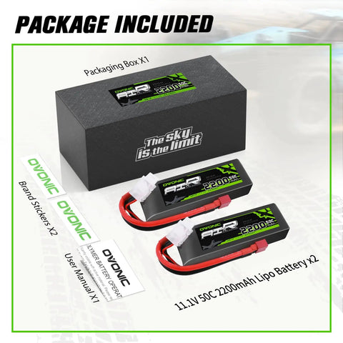 Package of 3S 11.1V 2200mAh LiPo Battery With 50C Discharge And Dean Style T Connector; includes box, stickers, and manual