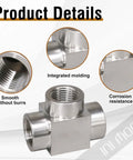 Three Eighths NPT Stainless Steel Tee Fitting 304 High Pressure Pipe Tee showing smooth threads and corrosion resistance