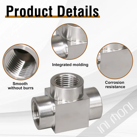 Three Eighths NPT Stainless Steel Tee Fitting 304 High Pressure Pipe Tee showing smooth threads and corrosion resistance