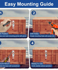 Installation steps for Beefy Toggle Clamp Kit 304 Stainless Steel on wooden box, showing marking, drilling, securing, and completion.
