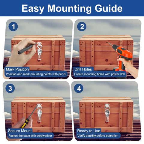 Installation steps for Beefy Toggle Clamp Kit 304 Stainless Steel on wooden box, showing marking, drilling, securing, and completion.