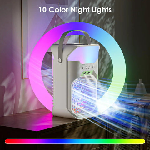 Chill Anywhere With This Dual Nozzle Portable Evaporative AC with colorful lights and remote on a table.