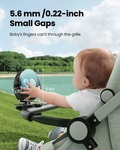 Clip On Battery Operated Fan USB Rechargeable Mini Personal Cooler With 3 Speed Quiet Operation And 360 Degree Rotation For Desk Office Stroller Camping Black Blue Gift shown clipped to stroller with child.
