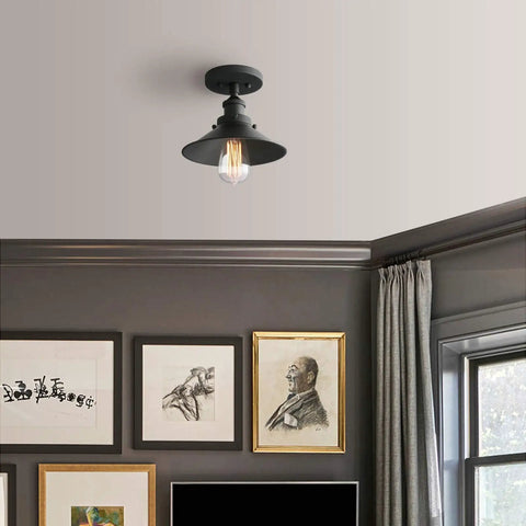 Vintage Farmhouse Ceiling Light With Metal Shade For Hallways, Kitchens, Lofts And Bars, Matte Black Semi Flush Mount Fixture