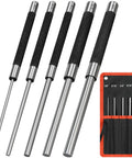 8 Inch Long Carbon Steel Pin Punch Set Includes 5 Punch Sizes 1/8 Inch 3/16 Inch 1/4 Inch 5/16 Inch and 3/8 Inch Knurled Handle Pin Punches With Durable Build And Handy Storage Pouch For Quick Pro Grade Pin Removal