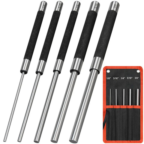 8 Inch Long Carbon Steel Pin Punch Set Includes 5 Punch Sizes 1/8 Inch 3/16 Inch 1/4 Inch 5/16 Inch and 3/8 Inch Knurled Handle Pin Punches With Durable Build And Handy Storage Pouch For Quick Pro Grade Pin Removal